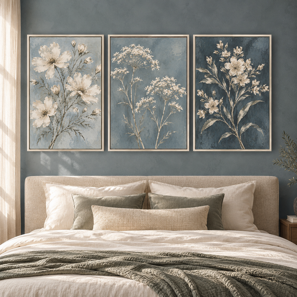 Blue Botanical Canvas Wall Art Set of 3 with White Florals