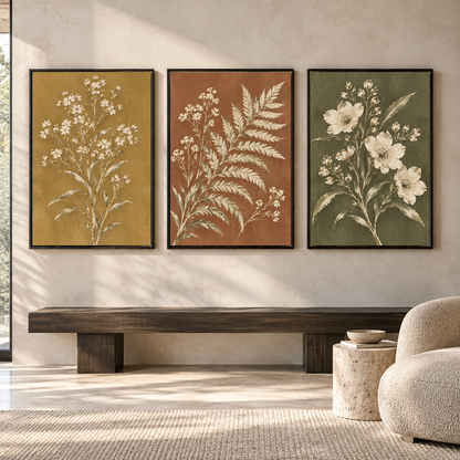 Earthy Botanical Canvas Wall Art Set of 3 with White Florals