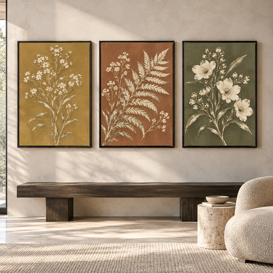 Earthy Botanical Canvas Wall Art Set of 3 with White Florals