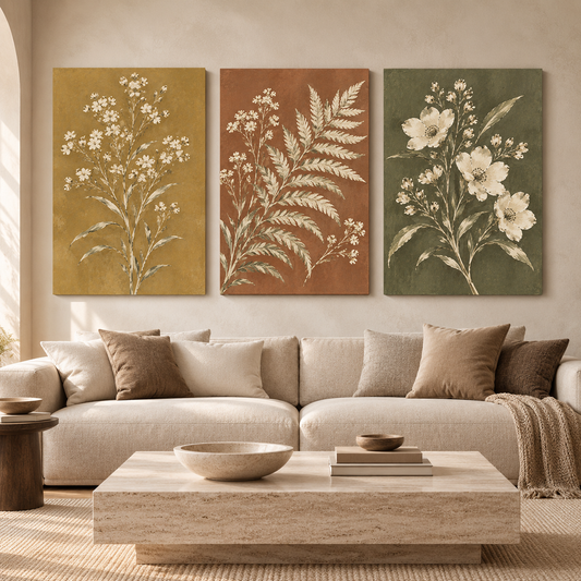 Earthy Botanical Canvas Wall Art Set of 3 with White Florals