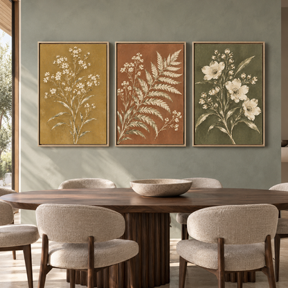 Earthy Botanical Canvas Wall Art Set of 3 with White Florals