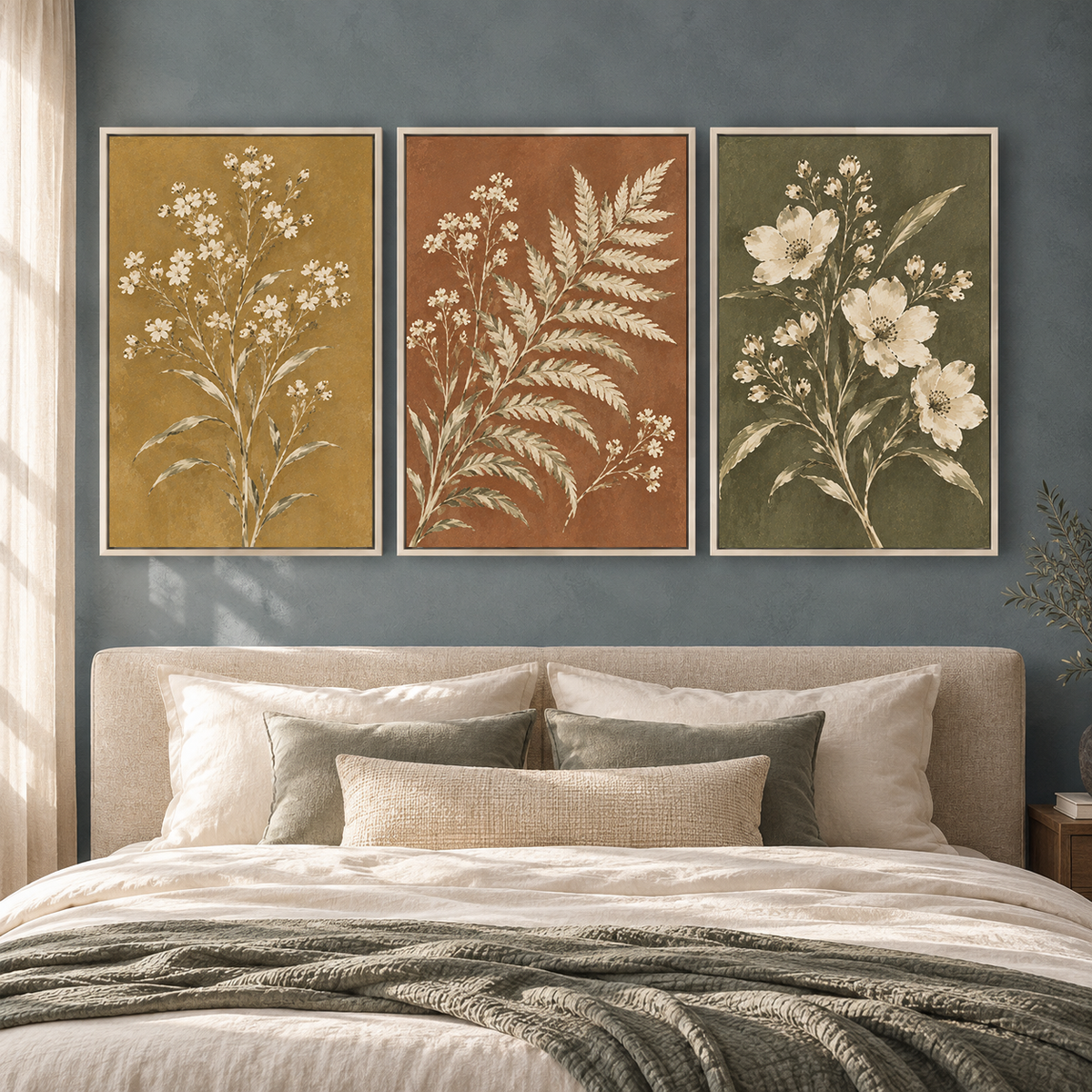 Earthy Botanical Canvas Wall Art Set of 3 with White Florals
