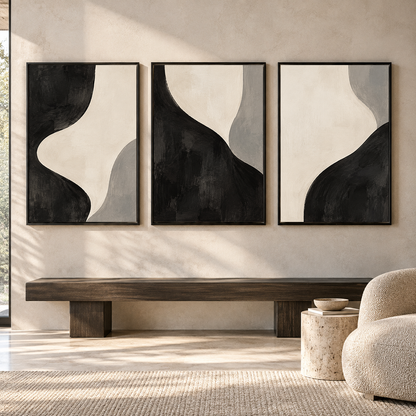 Black and White Minimalist Abstract Canvas Wall Art Set of 3