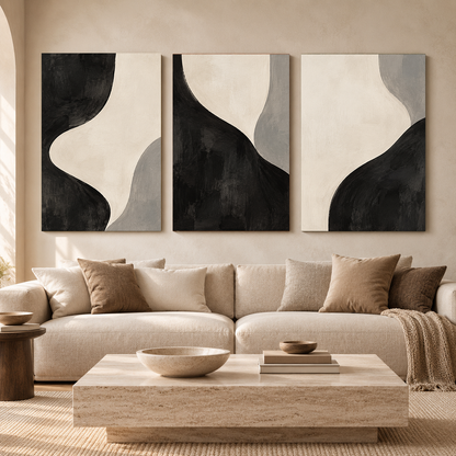 Black and White Minimalist Abstract Canvas Wall Art Set of 3