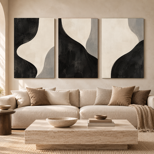 Black and White Minimalist Abstract Canvas Wall Art Set of 3