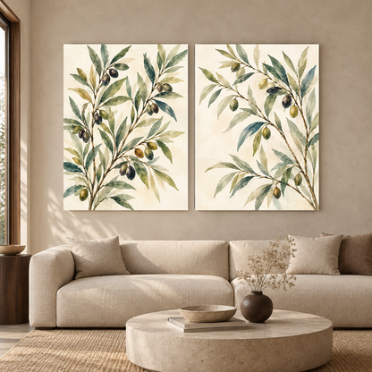 Olive Branch Botanical Canvas Wall Art Set of 2 for Modern Homes