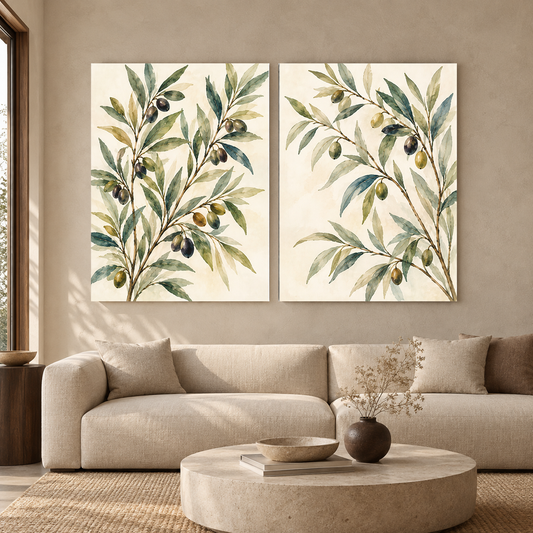 Olive Branch Botanical Canvas Wall Art Set of 2 for Modern Homes