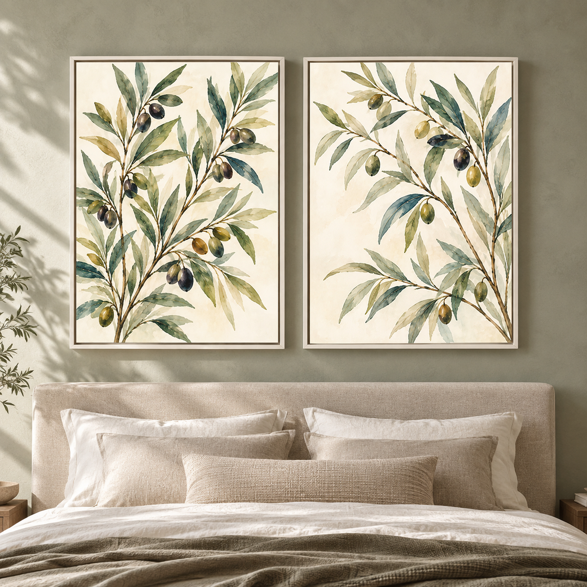 Olive Branch Botanical Canvas Wall Art Set of 2 for Modern Homes