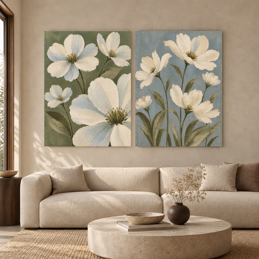 White Floral Diptych Canvas Wall Art Set of 2