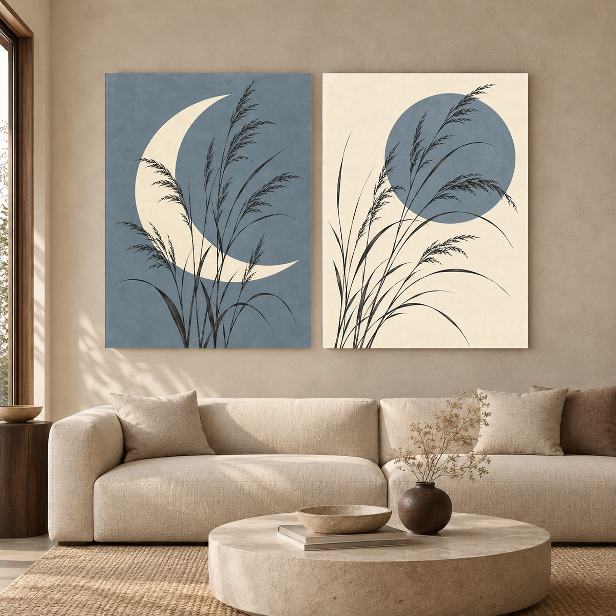 Moonlit Grass Canvas Wall Art Set of 2 for Calm Modern Interiors