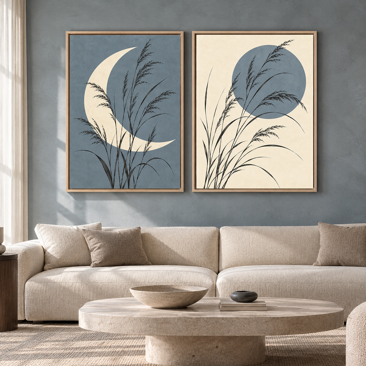 Moonlit Grass Canvas Wall Art Set of 2 for Calm Modern Interiors