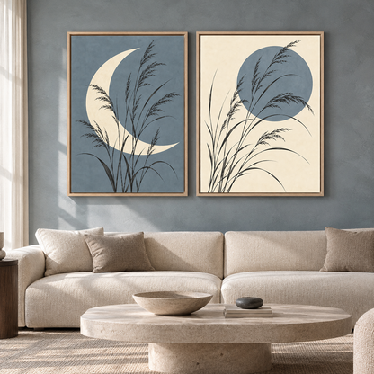 Moonlit Grass Canvas Wall Art Set of 2 for Calm Modern Interiors