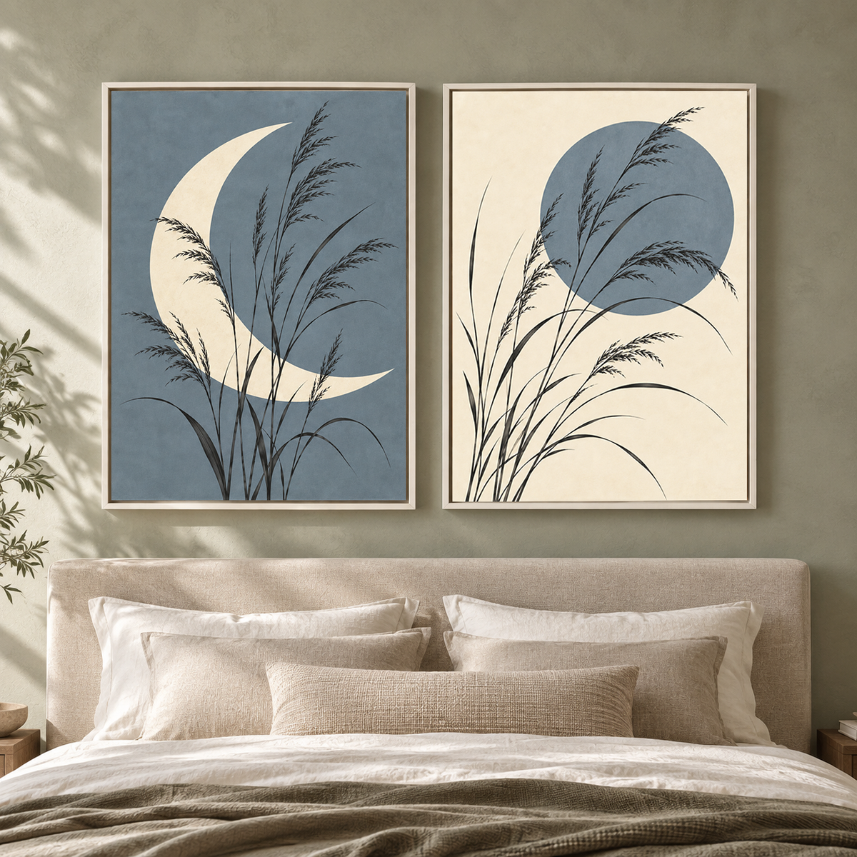 Moonlit Grass Canvas Wall Art Set of 2 for Calm Modern Interiors