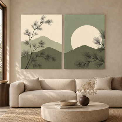 Serene Mountain Pine Canvas Wall Art Set of 2 for Modern Homes