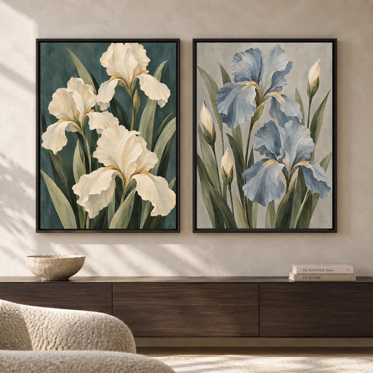 Blue and White Iris Floral Canvas Wall Art Set of 2