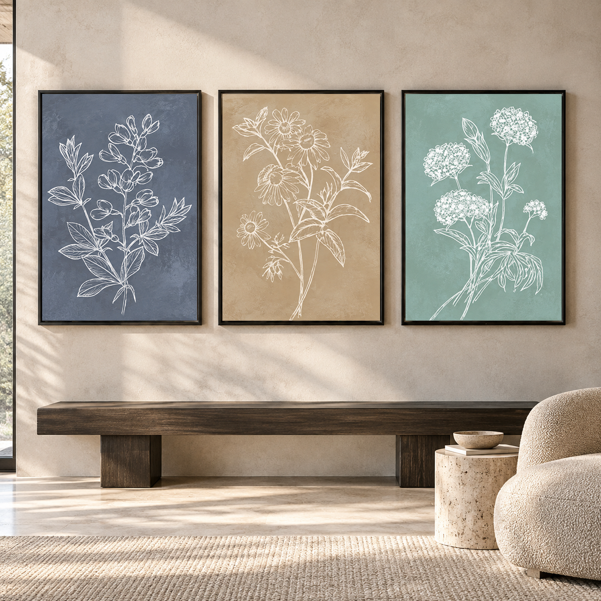 Botanical Line Art Canvas Wall Art Set of 3