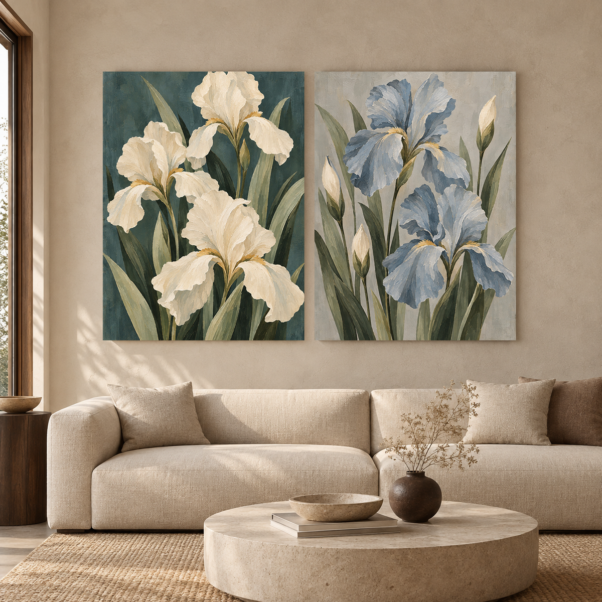 Blue and White Iris Floral Canvas Wall Art Set of 2