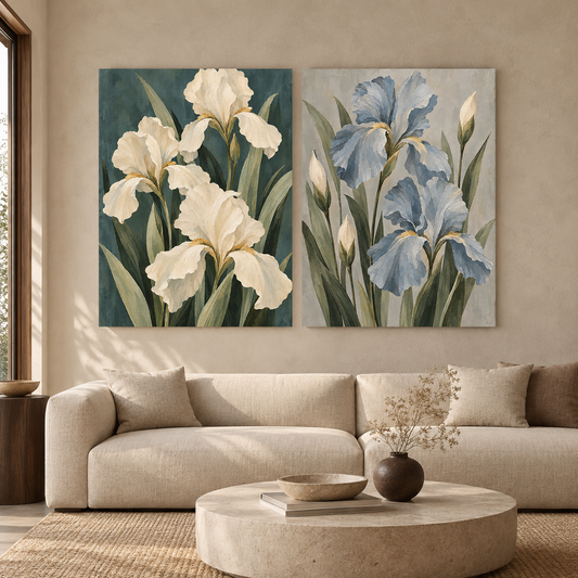 Blue and White Iris Floral Canvas Wall Art Set of 2