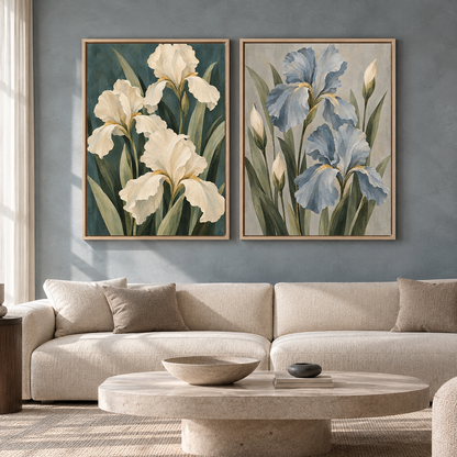 Blue and White Iris Floral Canvas Wall Art Set of 2