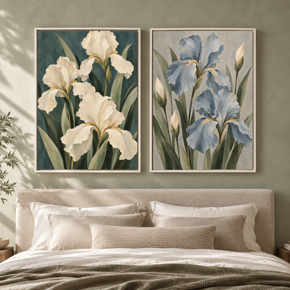 Blue and White Iris Floral Canvas Wall Art Set of 2