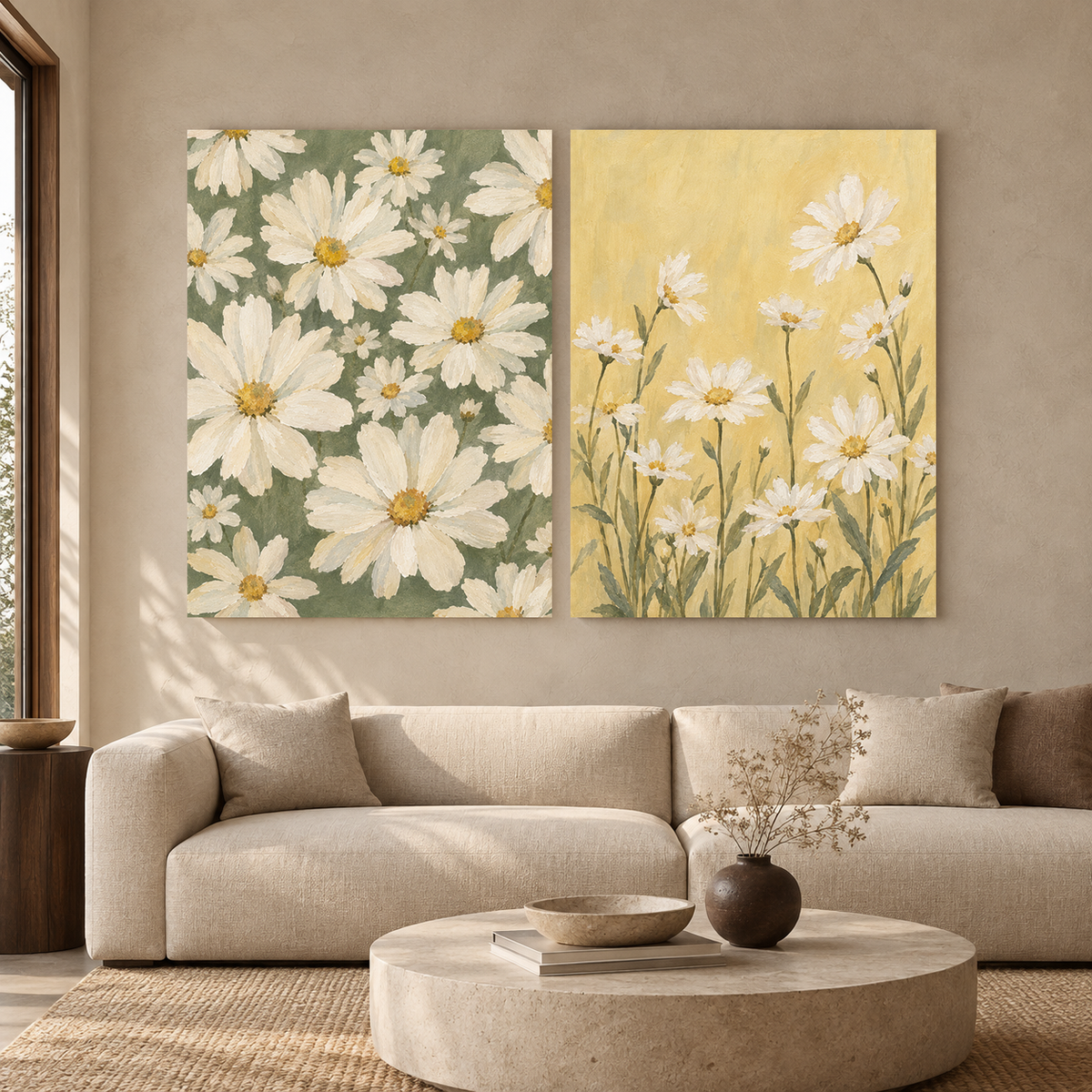 Daisy Meadow Floral Canvas Wall Art Set of 2