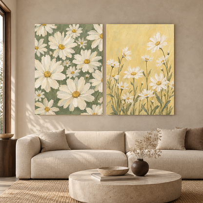Daisy Meadow Floral Canvas Wall Art Set of 2
