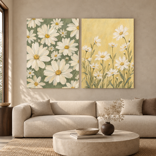 Daisy Meadow Floral Canvas Wall Art Set of 2