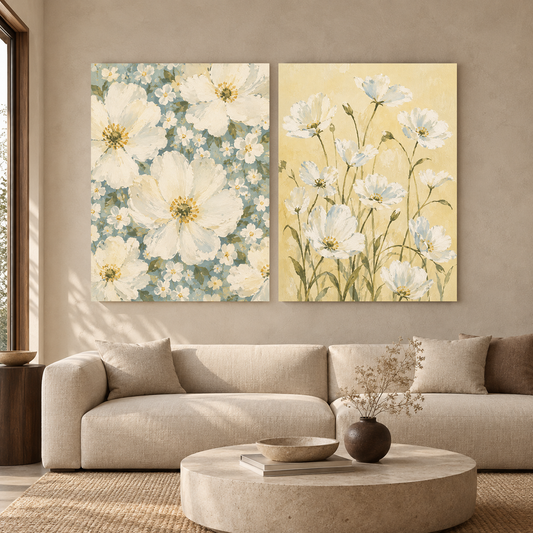 White Wildflower Canvas Wall Art Set of 2