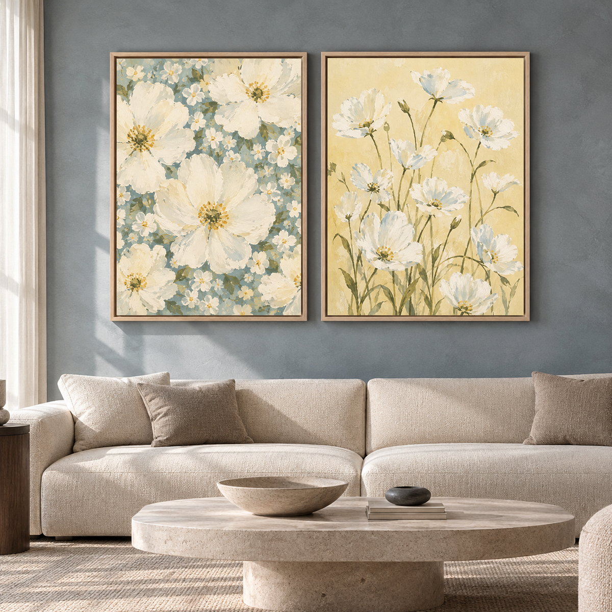White Wildflower Canvas Wall Art Set of 2