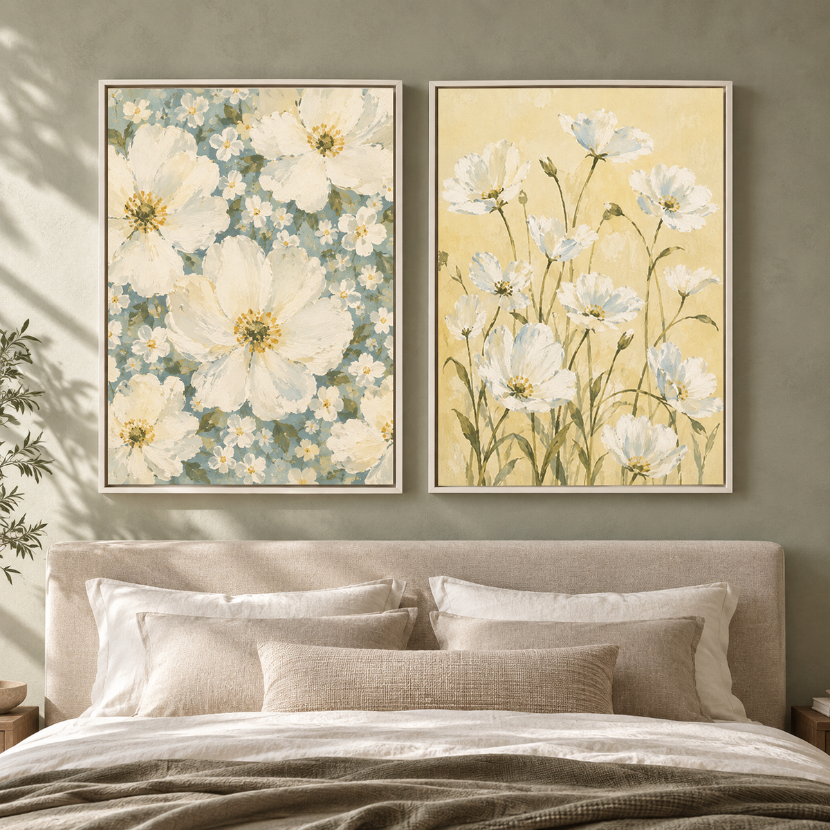 White Wildflower Canvas Wall Art Set of 2