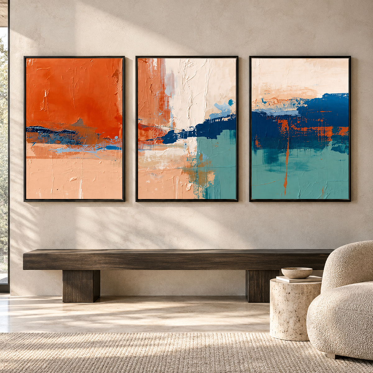 Bold Abstract Canvas Wall Art Set of 3 in Orange and Blue