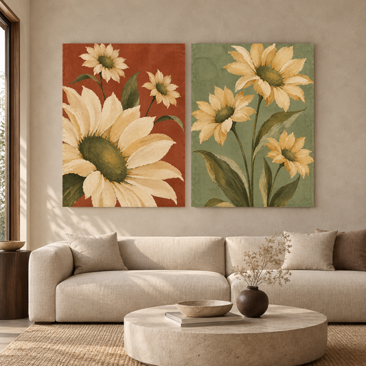 Terracotta and Sage Green Sunflower Canvas Wall Art Set of 2