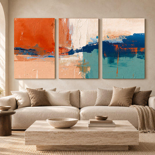 Bold Abstract Canvas Wall Art Set of 3 in Orange and Blue