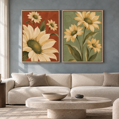 Terracotta and Sage Green Sunflower Canvas Wall Art Set of 2