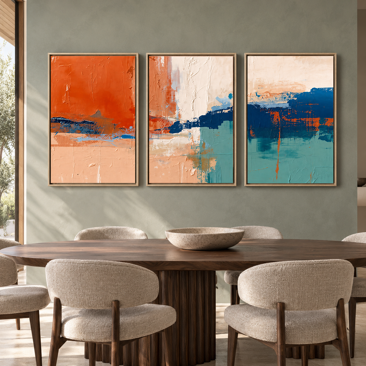 Bold Abstract Canvas Wall Art Set of 3 in Orange and Blue