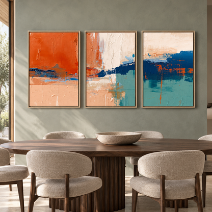 Bold Abstract Canvas Wall Art Set of 3 in Orange and Blue