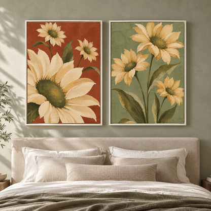 Terracotta and Sage Green Sunflower Canvas Wall Art Set of 2