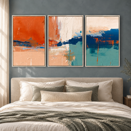 Bold Abstract Canvas Wall Art Set of 3 in Orange and Blue