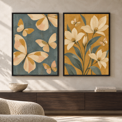Butterfly and Floral Canvas Wall Art Set of 2