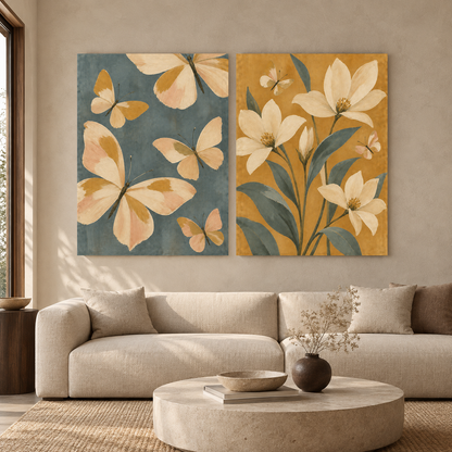 Butterfly and Floral Canvas Wall Art Set of 2