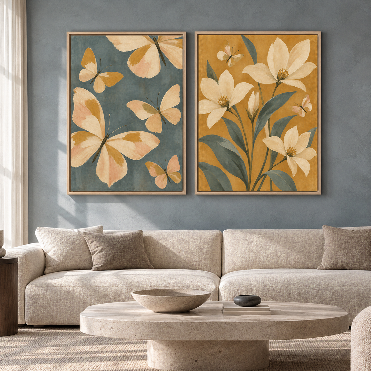 Butterfly and Floral Canvas Wall Art Set of 2