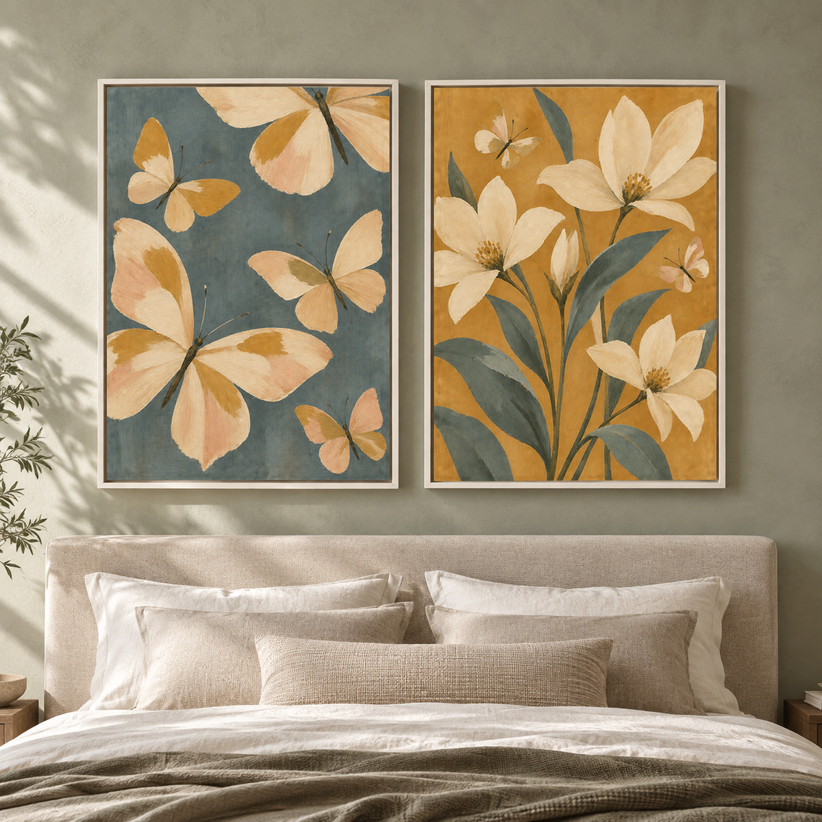 Butterfly and Floral Canvas Wall Art Set of 2