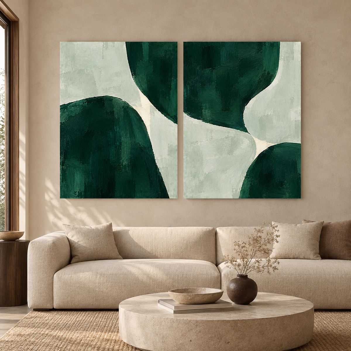 Green Abstract Wall Art Set of 2 Modern Paintings