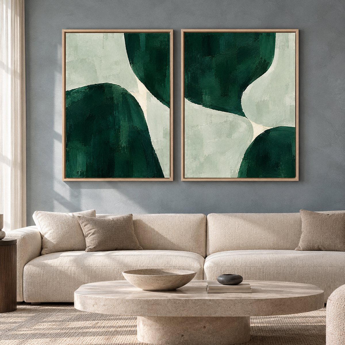 Green Abstract Wall Art Set of 2 Modern Paintings