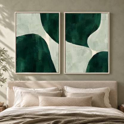 Green Abstract Wall Art Set of 2 Modern Paintings