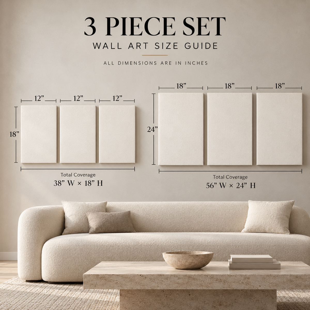 A wall art size guide showing a three-piece canvas set in a styled living room. The image includes text reading '3 PIECE SET WALL ART SIZE GUIDE' with dimensions for two configurations: a smaller 38 x 18 inch set and a larger 56 x 24 inch set.