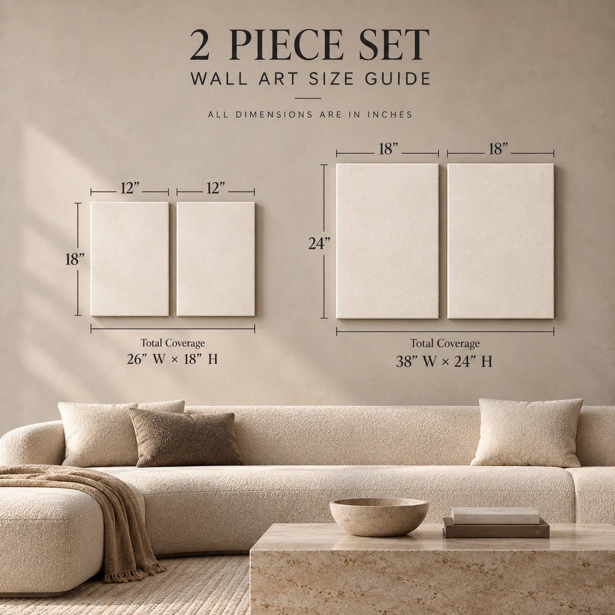 A 2-piece canvas wall art size guide displayed on a beige wall above a modern beige sofa. The graphic shows two canvas sets with dimensions: a smaller set measuring 12x18 inches and a larger set measuring 18x24 inches, with total coverage dimensions listed below each.