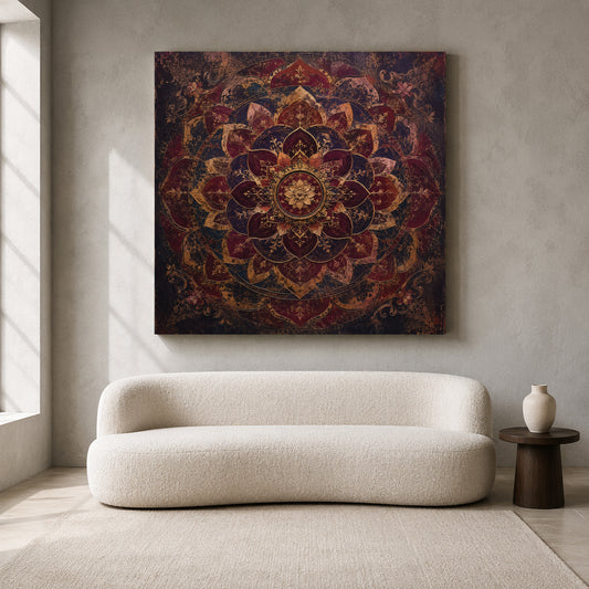 Midnight Ruby Mandala Vintage Indian Ornamental Floral Wall Art