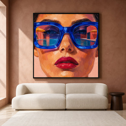A framed square wall art print showing a close-up portrait of a woman wearing oversized blue sunglasses, displayed above a cream sofa in a modern living room setting.