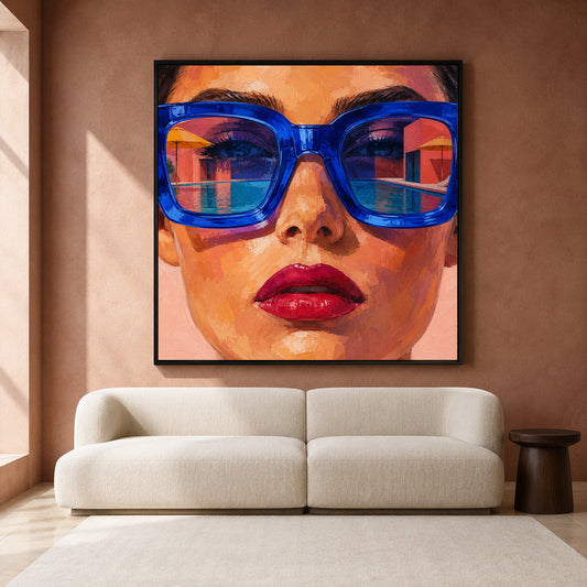 A framed square wall art print showing a close-up portrait of a woman wearing oversized blue sunglasses, displayed above a cream sofa in a modern living room setting.